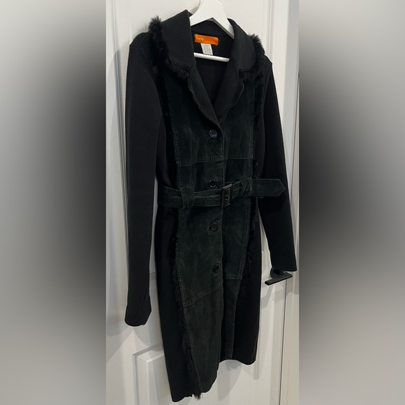 Cynthia Steffee Black Suede & Knit Belted Coat Rabbit Fur Trim Women’s Size L - Picture 2 of 6